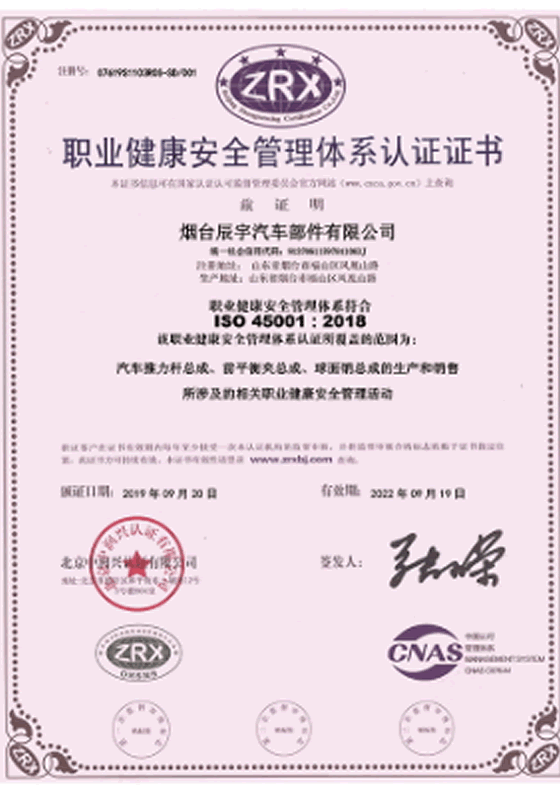 職業(yè)健康安全管理體系認證證書